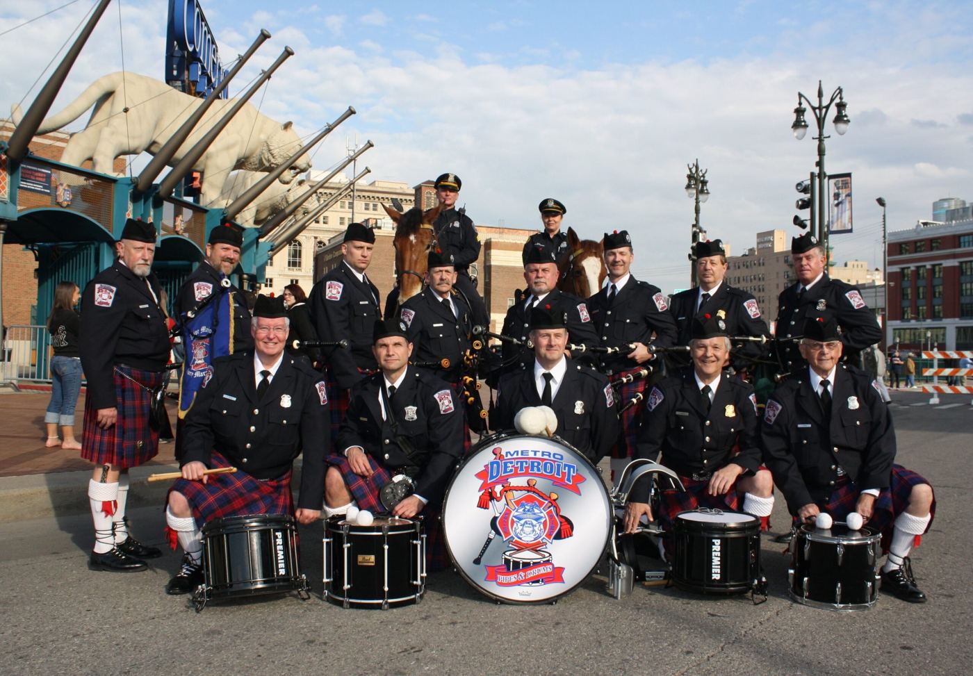 The band gathered with its drums outside Comerica Park in Detroit